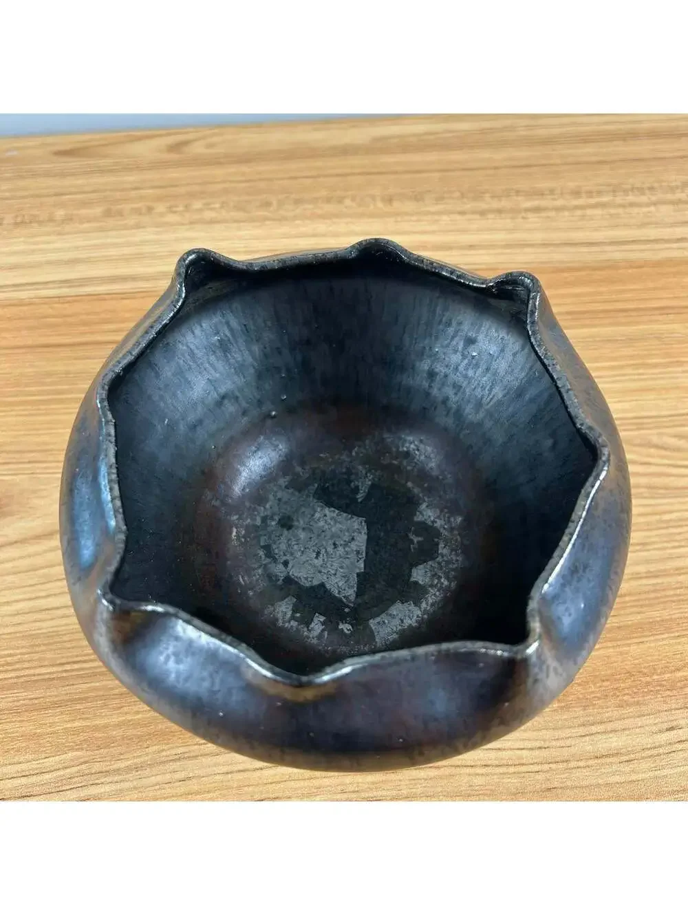 American Southern Art Pottery North Carolina Gunmetal Gray Pinched Rim Vase Bowl